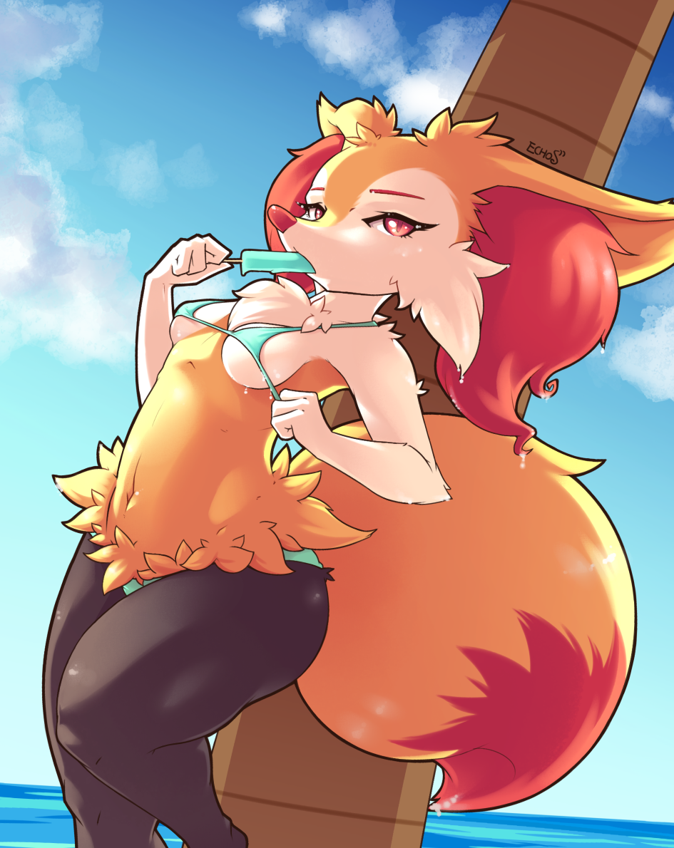 anthro bikini braixen clothing dessert echoseed female food ice_cream nintendo pok&eacute;mon solo swimsuit tree video_games