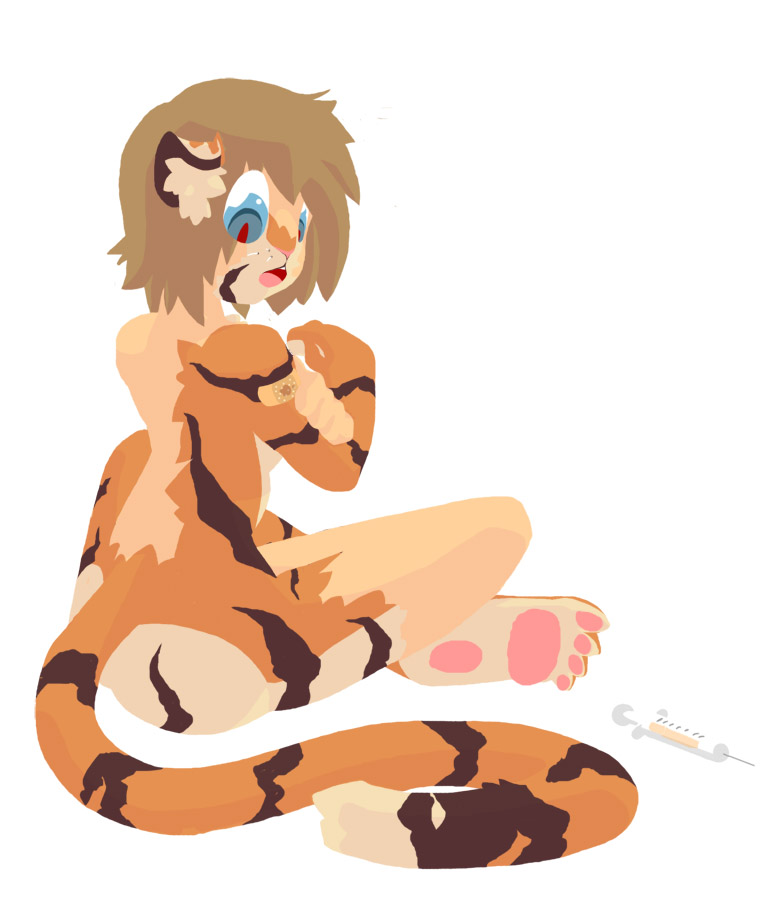 anthro band-aid bandage brown_hair feline female hair lineless mammal nnbtf open_mouth simple_background sitting solo surprise syringe tiger transformation