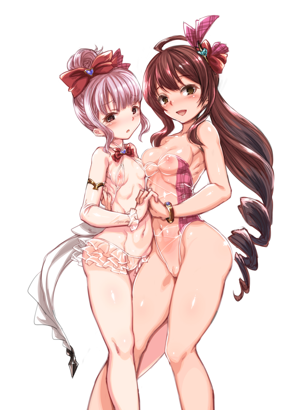 asymmetrical_docking bikini bikini_skirt blush bow bracelet breast_press breasts brown_eyes brown_hair cameltoe cleavage detached_sleeves diantha_(granblue_fantasy) granblue_fantasy hair_bow harigane_shinshi highres holding_hands hug interlocked_fingers jewelry linaria_(granblue_fantasy) long_hair looking_at_viewer medium_breasts multiple_girls navel nipples one-piece_swimsuit open_mouth pink_hair ponytail see-through simple_background small_breasts smile swimsuit white_background