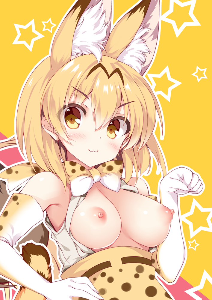 :3 animal_ears bare_shoulders blonde_hair blush bow bowtie breasts breasts_outside closed_mouth commentary_request elbow_gloves extra_ears eyebrows_visible_through_hair eyes_visible_through_hair gloves hair_between_eyes hand_on_hip high-waist_skirt kemono_friends looking_at_viewer medium_breasts multicolored multicolored_background nipples open_clothes open_shirt paw_pose pink_background print_gloves print_neckwear print_skirt sample serval_(kemono_friends) serval_ears serval_print serval_tail shirt short_hair skirt sleeveless sleeveless_shirt solo star starry_background tail tateha_(marvelous_grace) two-tone_background upper_body v-shaped_eyebrows white_shirt yellow_background yellow_eyes