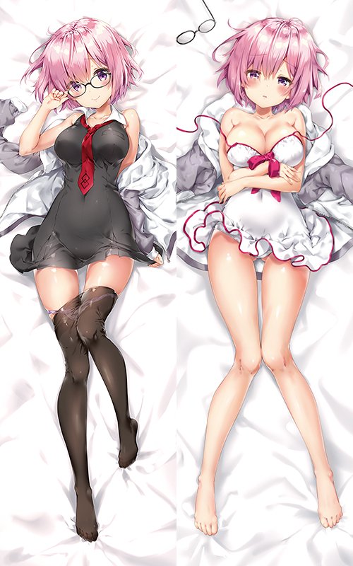 adjusting_eyewear bangs bare_legs barefoot bed_sheet black-framed_eyewear black_dress black_legwear blush breasts closed_mouth commentary_request dakimakura dress eyebrows_visible_through_hair eyewear_removed fate/grand_order fate_(series) glasses hair_over_one_eye half-closed_eyes hand_up hood hoodie hoodie_removed large_breasts legs looking_at_viewer lying mash_kyrielight multiple_views necktie on_back open_clothes open_hoodie pantyhose parted_lips pink_hair purple_eyes red_neckwear riichu short_dress short_hair smile thighs