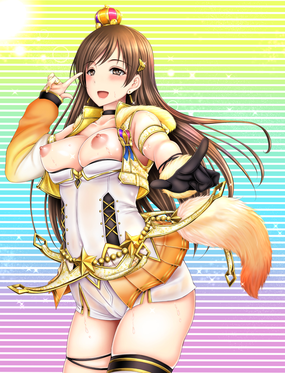 blush breasts brown_eyes brown_hair choker crown detached_sleeves fur_trim gloves green_eyes highres idolmaster idolmaster_cinderella_girls idolmaster_cinderella_girls_starlight_stage long_hair looking_at_viewer medium_breasts mini_crown nipples nitta_minami open_mouth otone party_time_gold single_glove solo striped striped_background