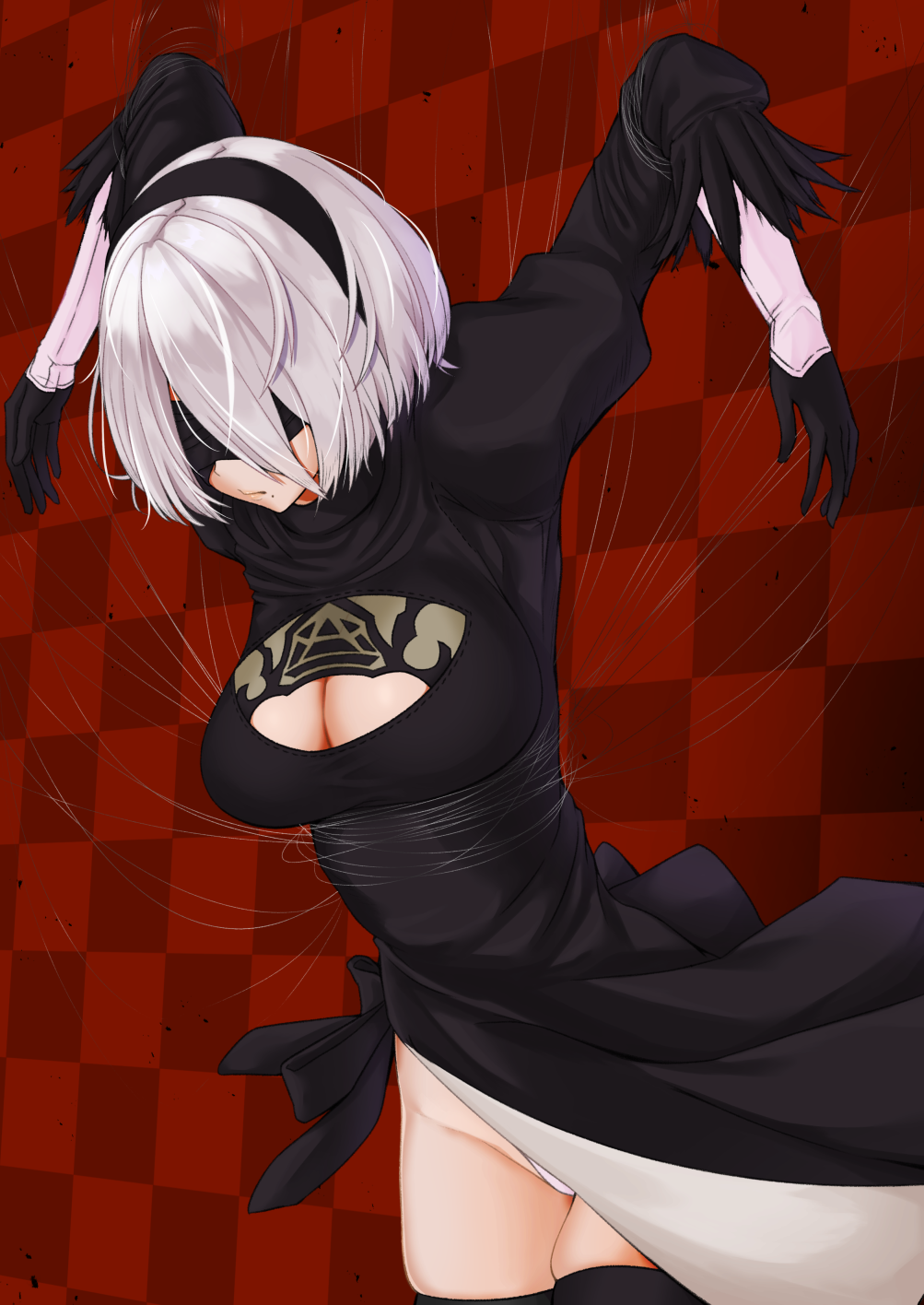 black_dress black_legwear blindfold breasts checkered checkered_wall cleavage cleavage_cutout covered_eyes dress gloves highres lein leotard long_sleeves medium_breasts mole mole_under_mouth nier_(series) nier_automata puffy_long_sleeves puffy_sleeves red_background restrained silk skindentation solo spider_web thighhighs white_hair white_leotard yorha_no._2_type_b
