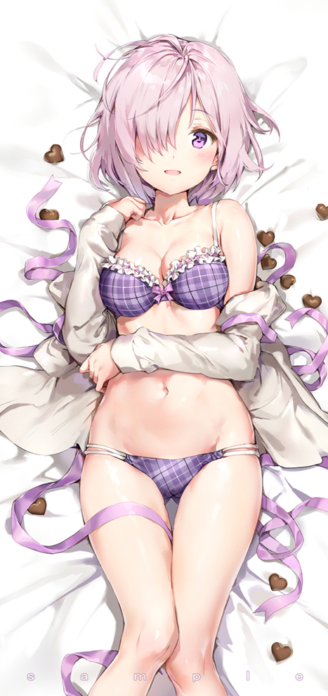 anmi bangs bare_legs bare_shoulders bed_sheet blush bow bow_bra bra breasts chocolate chocolate_heart dakimakura eyebrows_visible_through_hair fate/grand_order fate_(series) frilled_bra frills from_above hair_over_one_eye heart large_breasts lavender_hair looking_at_viewer lying mash_kyrielight medium_breasts multi-strapped_panties navel on_back open_clothes open_mouth panties plaid plaid_bra plaid_panties purple_bra purple_eyes purple_panties ribbon sample short_hair smile solo underwear
