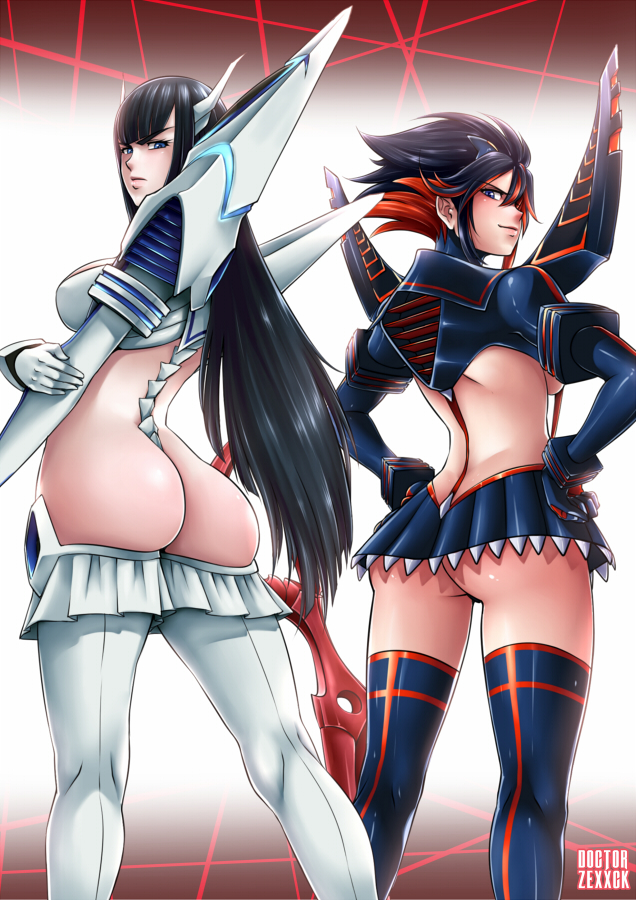 10s 2girls artist_name ass black_hair blue_eyes boots breasts doctorzexxck gloves hands_on_hips high_heel_boots high_heels highres horns junketsu kill_la_kill kiryuuin_satsuki long_hair matoi_ryuuko microskirt multicolored_hair multiple_girls red_hair revealing_clothes scissor_blade senketsu short_hair shoulder_spikes skirt spikes sword thighhighs two-tone_hair very_long_hair weapon