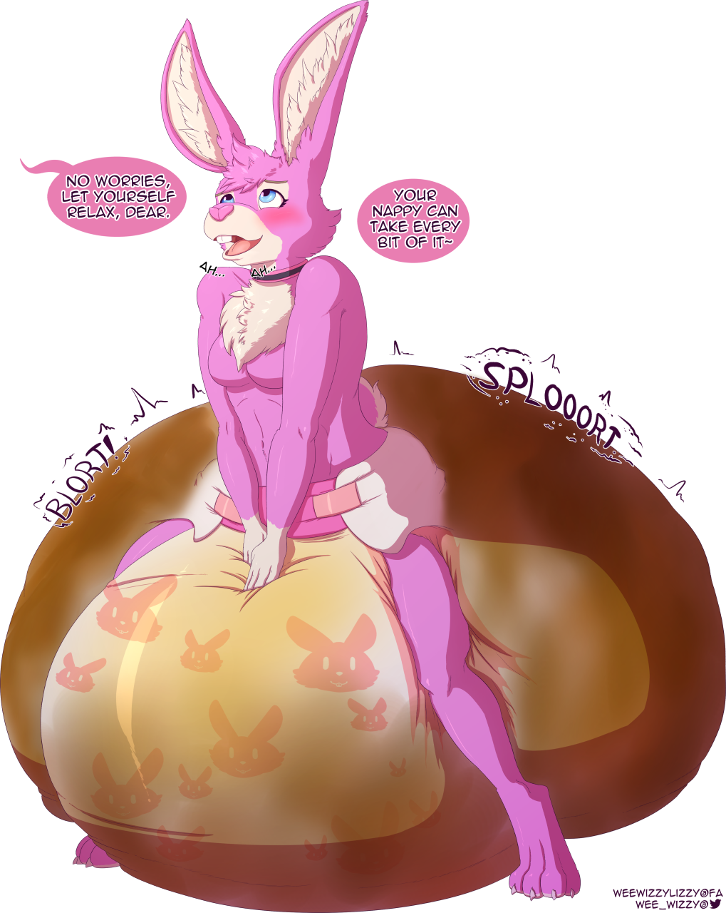 alpha_channel anthro breasts dialogue diaper english_text feces female lagomorph mammal messy_diaper open_mouth pooping rabbit scat simple_background soiling soiling_diaper solo text transparent_background weewizzylizzy wet_diaper