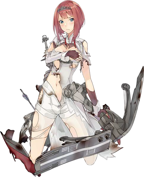 ark_royal_(kantai_collection) blue_eyes bow_(weapon) covering covering_breasts dress kantai_collection konishi_(koconatu) legwear_under_shorts machinery official_art pantyhose pantyhose_under_shorts red_hair short_hair shorts solo torn_clothes torn_dress torn_legwear transparent_background weapon white_dress