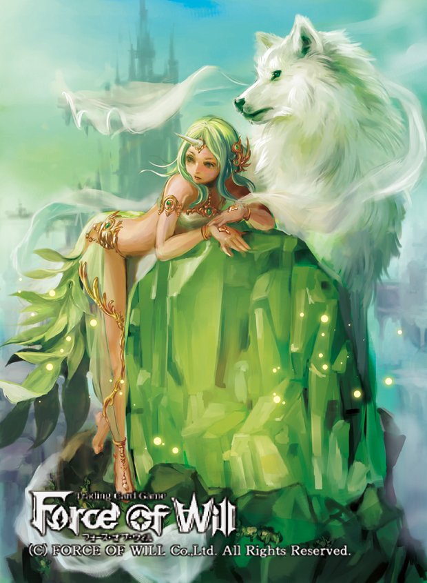 barefoot barefoot_sandals bracelet copyright_name day force_of_will gem green_eyes green_hair hair_ornament horn jewelry long_hair midriff official_art rock sky solo wolf