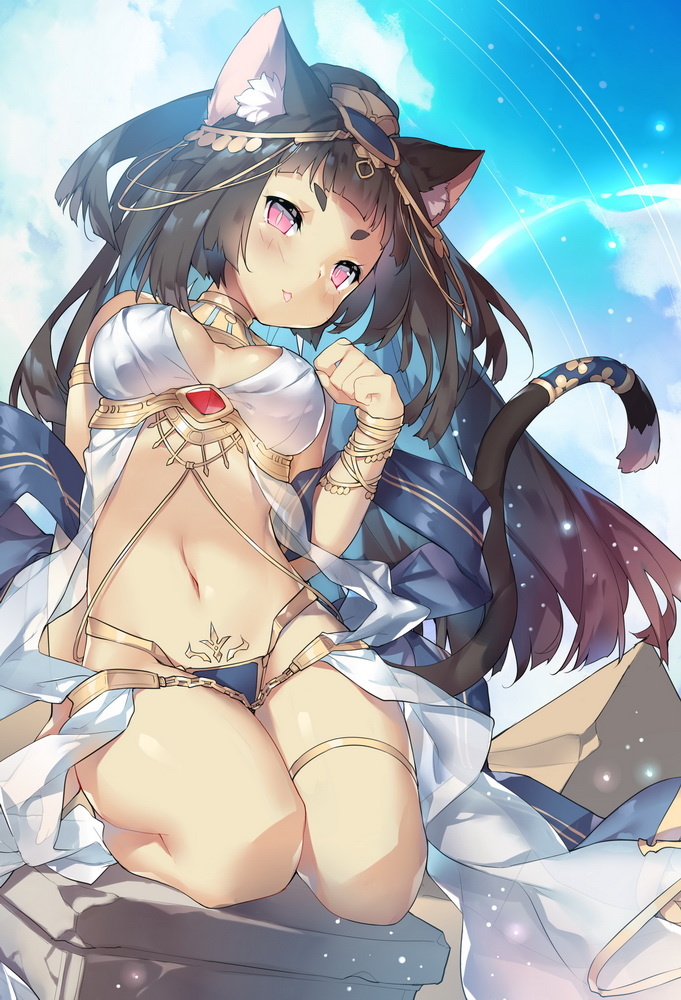 :3 :p animal_ears arm_at_side armlet bangs bare_shoulders black_hair blue_sky bracelet breasts bright_pupils cat_ears cat_tail cloud cloudy_sky dark_skin day dutch_angle egyptian_clothes folded_leg hair_ornament jewelry long_hair medium_breasts midriff navel one_side_up original outdoors paw_pose pink_eyes pyramid revealing_clothes saru seiza sitting sky slit_pupils solo tail tail_ornament thighlet tongue tongue_out