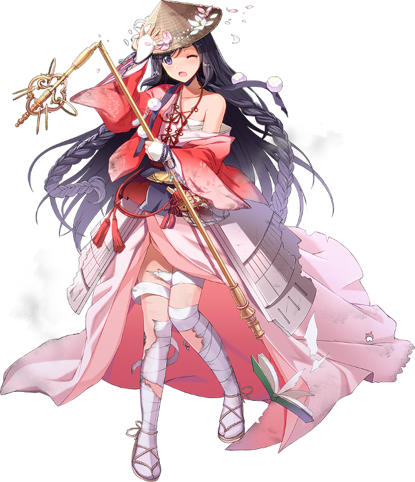 ;o artist_request black_hair braid broken_staff fingerless_gloves flower fukushima_(oshiro_project) full_body gloves hat holding holding_staff japanese_clothes long_hair one_eye_closed oshiro_project oshiro_project_re sarashi solo staff torn_clothes transparent_background very_long_hair