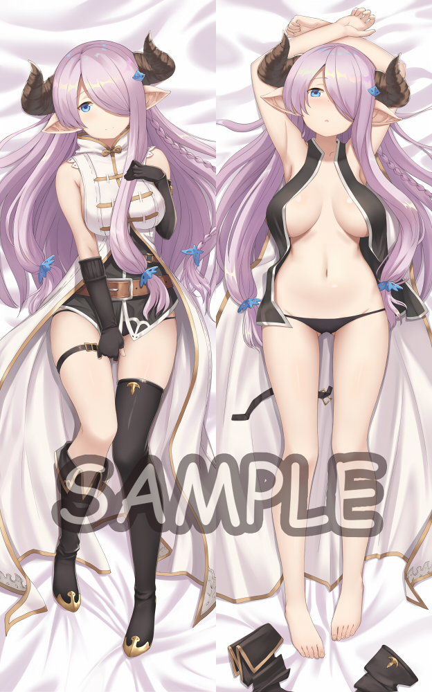 armpits arms_up bare_shoulders barefoot black_footwear black_gloves black_panties blush boots boots_removed braid breast_suppress breasts breasts_apart dakimakura draph elbow_gloves english eyes gloves granblue_fantasy groin hair_ornament head_tilt heijialan horns large_breasts lavender_hair long_hair looking_at_viewer lying mismatched_gloves multiple_views narmaya_(granblue_fantasy) navel on_back open_clothes open_shirt panties partly_fingerless_gloves pointy_ears sample shirt single_boot single_elbow_glove single_thigh_boot thigh_strap underwear very_long_hair
