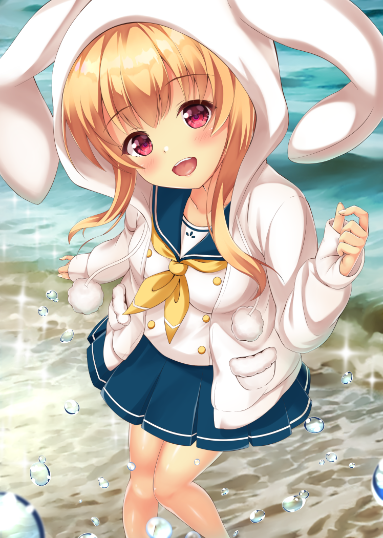 :d animal_hood bangs battle_girl_high_school beach blonde_hair blush breasts bubble bunny_hood day eyebrows_visible_through_hair from_above head_tilt hood knees_together_feet_apart long_sleeves looking_at_viewer medium_breasts neckerchief ocean open_mouth outdoors pinching_sleeves pleated_skirt pom_pom_(clothes) red_eyes sand school_uniform serafuku sidelocks skirt smile solo sparkle watagi_michelle water_drop yellow_neckwear yuririn_poi