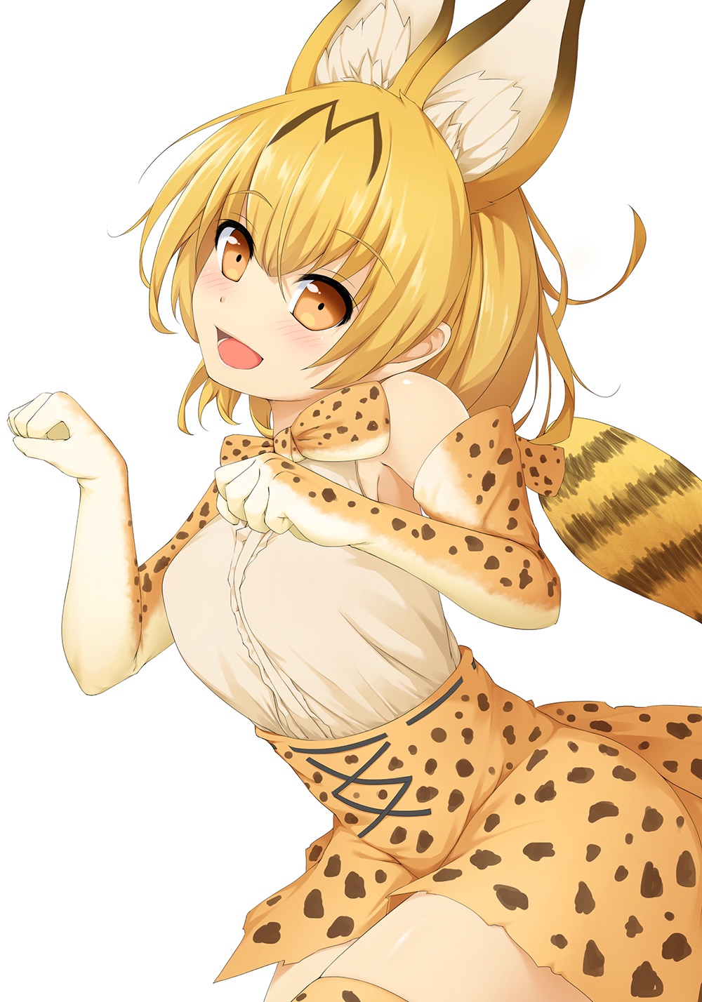 :d animal_ears bangs bare_shoulders blonde_hair blush bow bowtie cross-laced_clothes elbow_gloves extra_ears fur_collar gloves high-waist_skirt highres kemono_friends looking_at_viewer open_mouth orange_eyes papino paw_pose serval_(kemono_friends) serval_ears serval_print serval_tail shirt skirt sleeveless sleeveless_shirt smile solo striped_tail tail taut_clothes taut_shirt thighhighs white_background zettai_ryouiki