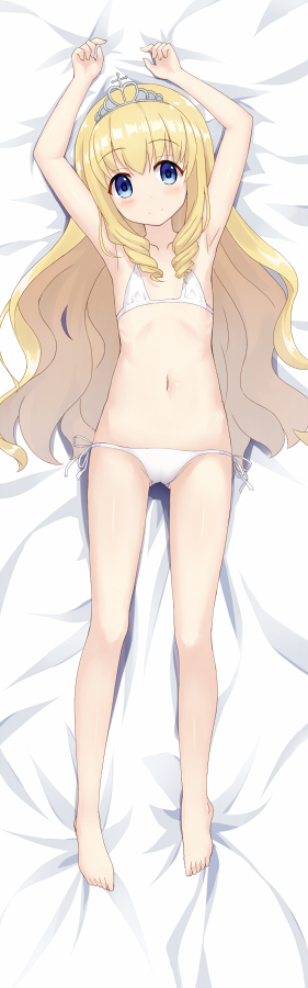 amagi_brilliant_park arms_up barefoot bikini blonde_hair blue_eyes blush closed_mouth collarbone eyebrows_visible_through_hair flat_chest from_above full_body head_tilt heijialan latifa_fleuranza long_hair looking_at_viewer lying navel on_back side-tie_bikini smile solo swimsuit tiara very_long_hair wavy_hair white_bikini