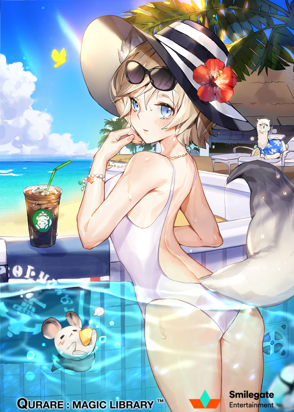 ass beach blonde_hair blue_eyes blue_sky blush bracelet brand_name_imitation cloud copyright_name day eyewear_on_head flower hat hat_flower hibiscus jewelry looking_at_viewer looking_back mouse necklace official_art outdoors partially_submerged qurare_magic_library sky striped_hat sun_hat sunglasses sunlight swimsuit tail white_swimsuit whoisshe