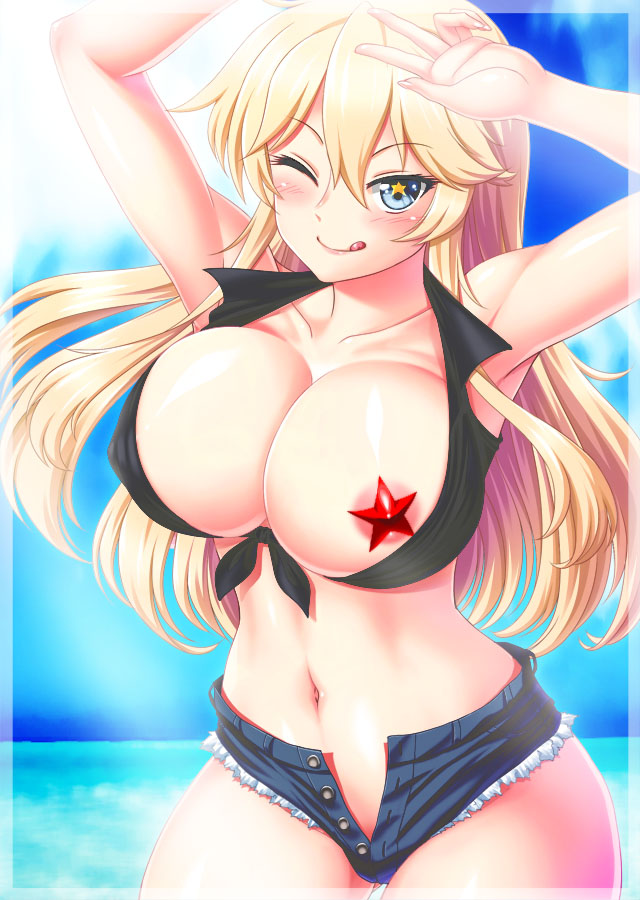 armpits arms_up blonde_hair blue_eyes blush breasts cleavage front-tie_top iowa_(kantai_collection) kantai_collection large_breasts navel nipples no_panties one_eye_closed short_shorts shorts star star-shaped_pupils symbol-shaped_pupils tanuki_yousuke tongue tongue_out