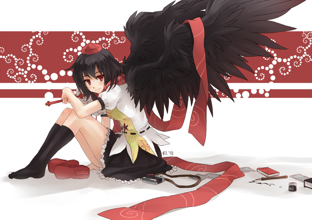 black_hair black_legwear book camera fan geta hat hauchiwa ink ink_bottle kneehighs looking_at_viewer nib_pen_(object) notebook pen photo_(object) red_eyes scarf shameimaru_aya short_hair sitting socks solo tengu-geta tokin_hat touhou wings wl_(r1140)