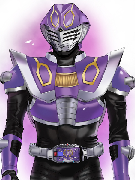 ano_(sbee) belt buckle gauntlets kamen_rider kamen_rider_ouja kamen_rider_ryuki_(series) looking_at_viewer male_focus purple shoulder_pads simple_background solo upper_body white_background