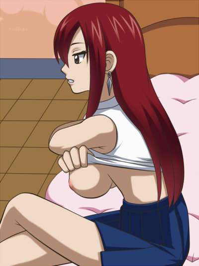awa breasts brown_eyes crossed_legs earrings erza_scarlet fairy_tail jewelry large_breasts long_hair looking_down pleated_skirt profile red_hair shirt_lift sitting skirt sleeveless solo undressing