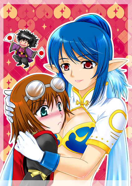 00s 1boy 2girls age_difference aqua_eyes bangs blue_hair blush border breasts brown_hair chibi_inset cover cover_page doujin_cover embarrassed eyebrows_visible_through_hair folding_fan gloves goggles goggles_on_head heart heart_background hinase_kazusa_(circle-us) hug judith long_hair medium_breasts multiple_girls nipples outline outside_border parted_lips pink_lips pink_lipstick pointy_ears raven_(tov) rita_mordio see-through_border short_hair smile tales_of_(series) tales_of_vesperia twintails two-tone_hair very_long_hair white_gloves yuri