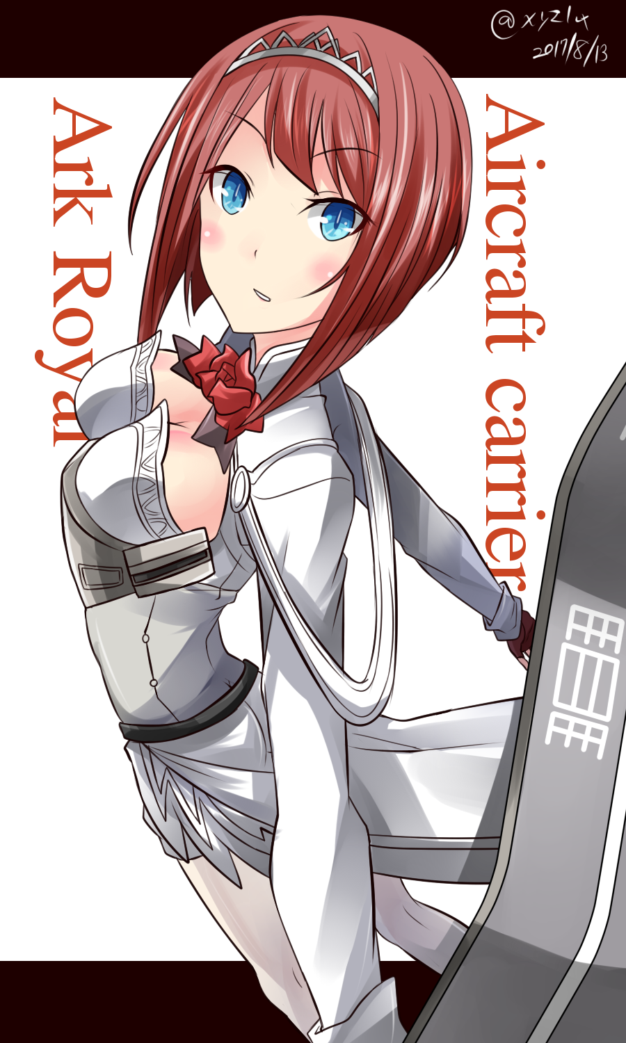 ark_royal_(kantai_collection) blue_eyes bob_cut bow bow_(weapon) breasts cleavage compound_bow corset fingerless_gloves flower from_above gloves hebitsukai-san highres holding holding_bow_(weapon) holding_weapon kantai_collection looking_at_viewer medium_breasts pantyhose parted_lips red_flower red_hair red_ribbon red_rose ribbon rose serious short_hair shorts showgirl_skirt tiara weapon
