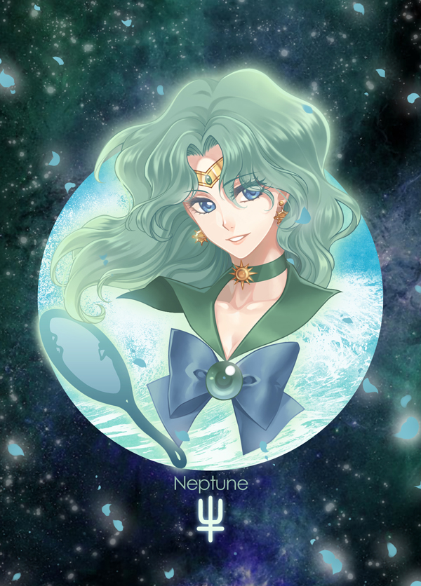 bishoujo_senshi_sailor_moon blue_background blue_bow blue_eyes bow brooch character_name circlet deep_aqua_mirror earrings green_hair green_neckwear green_sailor_collar jewelry kaiou_michiru looking_at_viewer magical_girl neptune_symbol nickii25 parted_lips sailor_collar sailor_neptune sailor_senshi_uniform short_hair smile solo wavy_hair