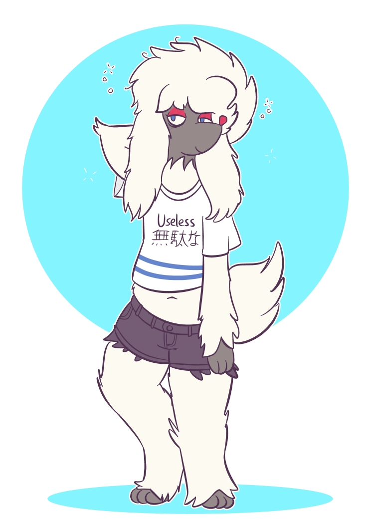2017 3_fingers 3_toes anthro bed_head blue_eyes canine cat-boots clothed clothing digital_media_(artwork) dog english_text fur hair japanese_text long_hair male mammal messy_hair midriff navel poodle shirt shorts simple_background smile solo sparkles standing text tired toes white_fur white_hair