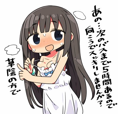 :d bangs blue_eyes blunt_bangs blush breasts brown_hair commentary dress kanikama long_hair lowres nose_blush open_mouth original pointing small_breasts smile solo strap_pull sundress sweat translated white_background