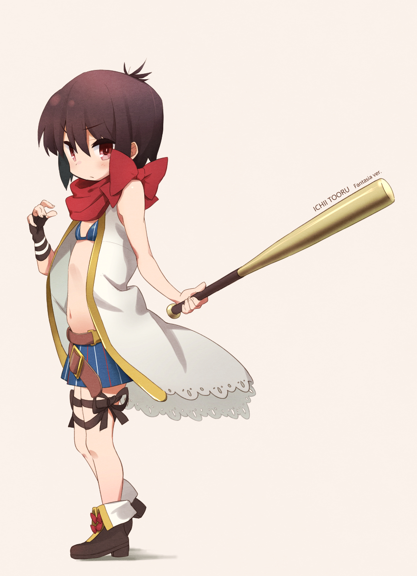 a_channel baseball_bat belt blue_skirt blush boots bow brown_hair character_name closed_mouth eyebrows_visible_through_hair flat_chest high_heel_boots high_heels ichii_tooru kirara_fantasia looking_at_viewer loose_belt navel okayparium red_bow red_eyes red_scarf scarf shirt skirt solo striped striped_shirt vertical-striped_shirt vertical_stripes