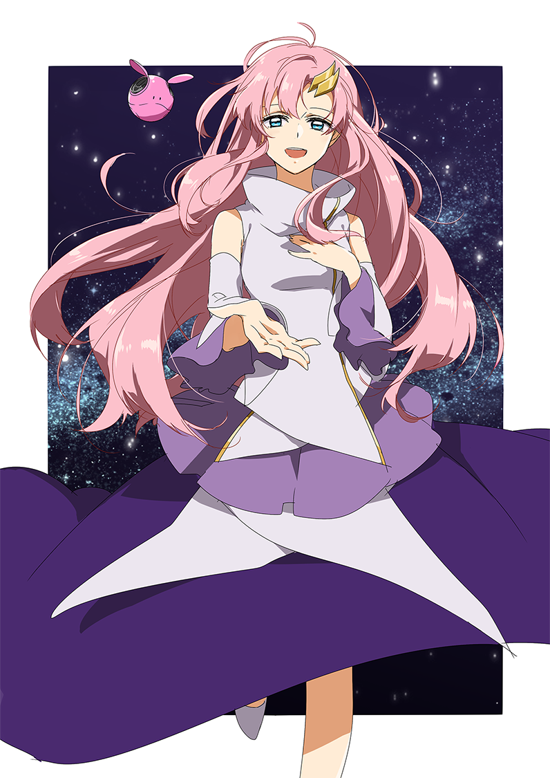blue_eyes floating_hair gundam gundam_seed hair_ornament hand_on_own_chest haro hoshi_akari lacus_clyne long_hair long_skirt looking_at_viewer open_mouth outstretched_hand pink_hair skirt smile very_long_hair