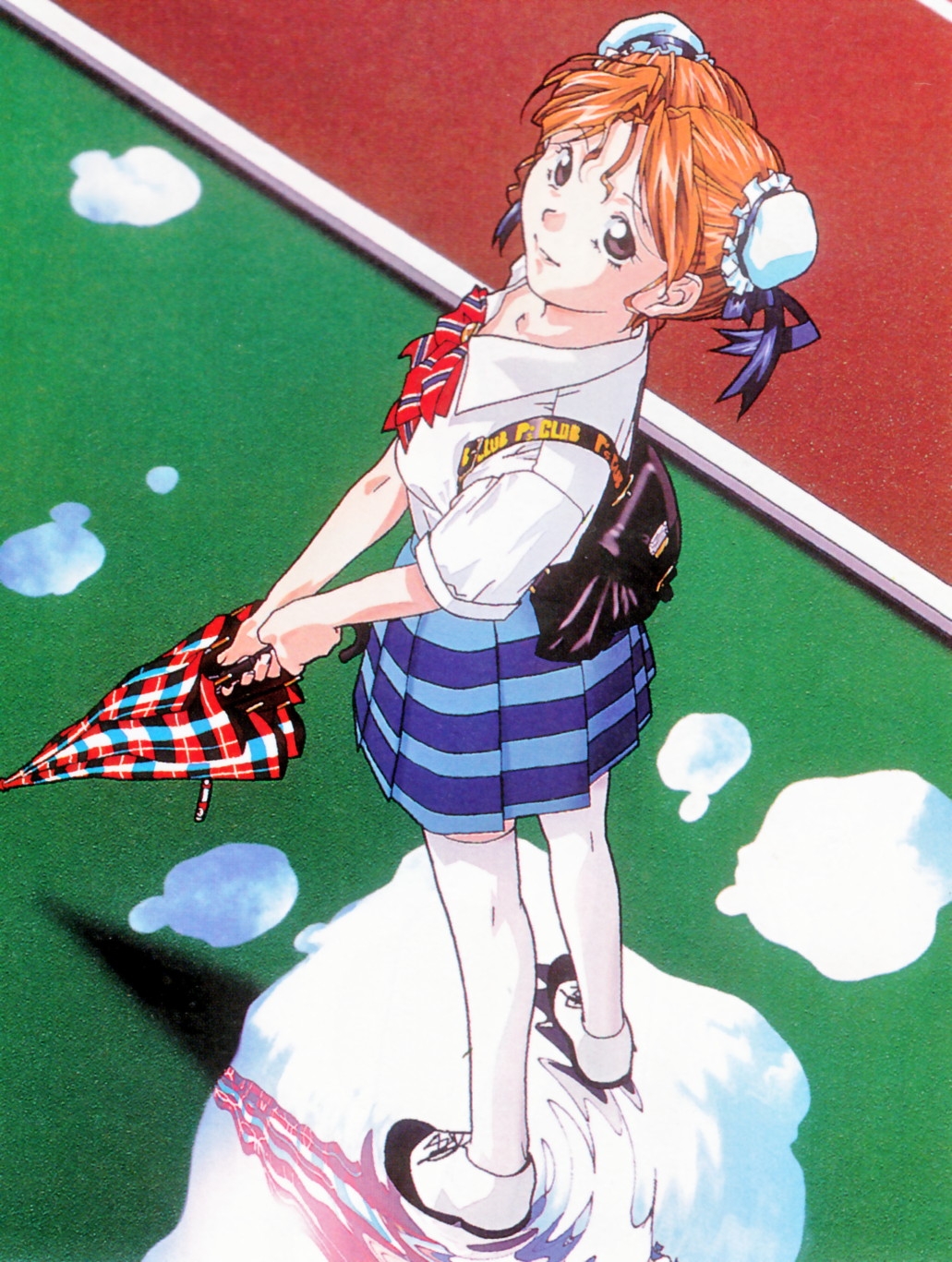 90s brown_eyes brown_hair double_bun from_above hayasaka_akira highres holding holding_umbrella looking_at_viewer non-web_source official_art pleated_skirt puddle reflection short_sleeves skirt smile solo standing striped striped_skirt super_real_mahjong tanaka_ryou thighhighs umbrella white_legwear