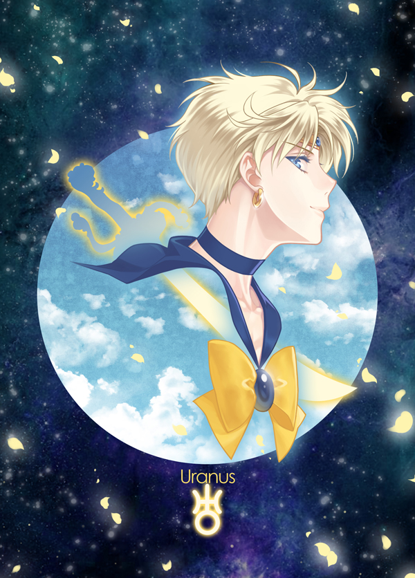 bishoujo_senshi_sailor_moon blonde_hair blue_background blue_eyes blue_neckwear blue_sailor_collar bow brooch character_name closed_mouth earrings from_side jewelry looking_at_viewer magical_girl nickii25 profile sailor_collar sailor_senshi_uniform sailor_uranus short_hair smile solo ten'ou_haruka uranus_symbol very_short_hair yellow_bow