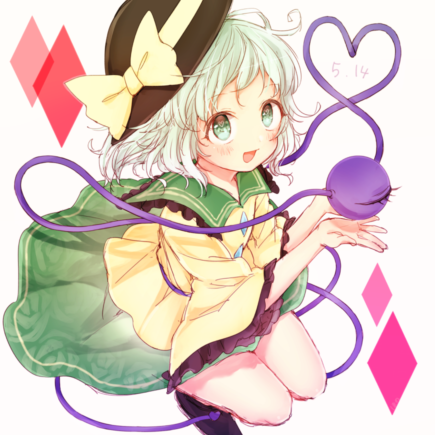 :d black_hat blush bow commentary_request eyeball frilled_shirt_collar frilled_sleeves frills green_eyes green_hair green_skirt hat hat_bow heart heart-shaped_pupils heart_of_string honotai koishi_day komeiji_koishi long_sleeves looking_at_viewer open_mouth shirt short_hair skirt smile solo symbol-shaped_pupils third_eye touhou wide_sleeves yellow_bow yellow_shirt