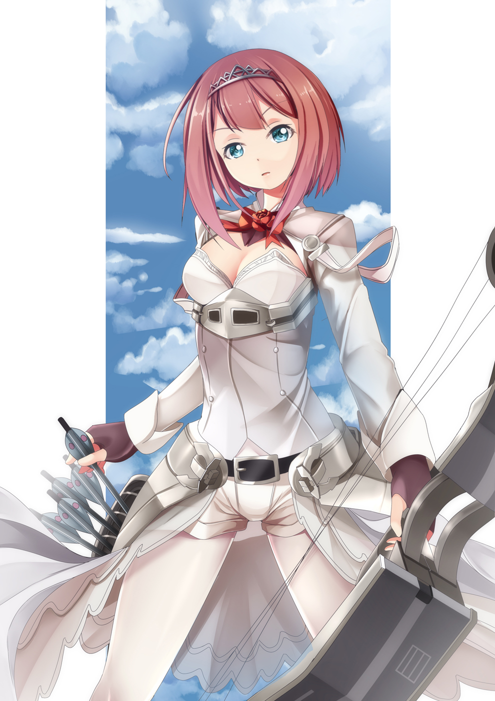 ark_royal_(kantai_collection) blue_eyes bob_cut bow bow_(weapon) breasts cleavage compound_bow corset cowboy_shot day fingerless_gloves flower gloves highres holding holding_bow_(weapon) holding_weapon kantai_collection looking_at_viewer medium_breasts pantyhose pantyhose_under_shorts parted_lips red_flower red_hair red_ribbon red_rose ribbon rose serious short_hair shorts showgirl_skirt sky solo tiara weapon white_legwear yasume_yukito