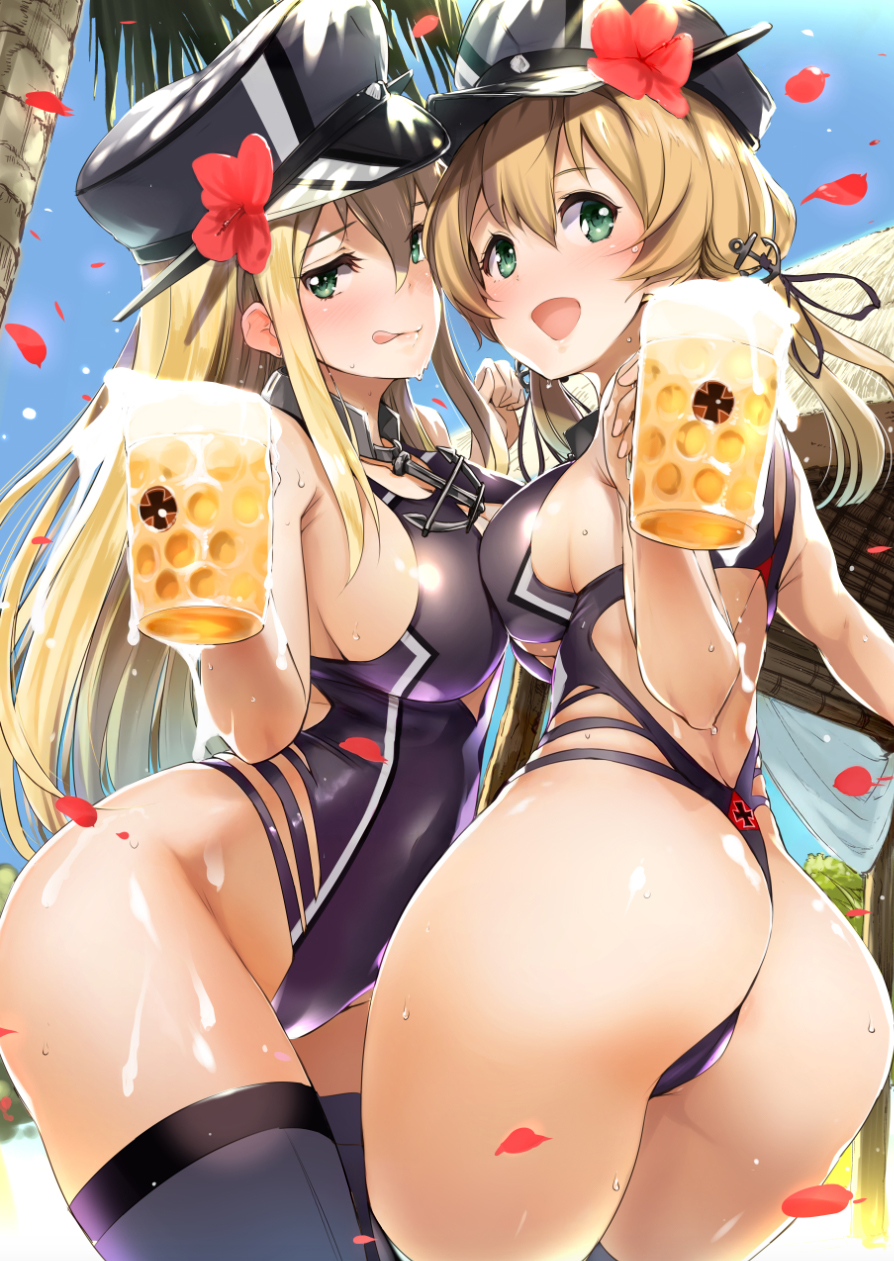 :q alcohol anchor anchor_hair_ornament ass asymmetrical_docking beach beer beer_mug bismarck_(kantai_collection) blonde_hair blush breast_press breasts collar cup day detexted flower green_eyes hair_between_eyes hair_flower hair_ornament hat highleg highleg_swimsuit highres holding holding_cup iron_cross kantai_collection large_breasts long_hair looking_at_viewer medium_breasts multiple_girls nylon one-piece_swimsuit one-piece_thong open_mouth outdoors palm_tree peaked_cap petals prinz_eugen_(kantai_collection) purple_swimsuit sideboob straight_hair swimsuit thighhighs third-party_edit tongue tongue_out tree twintails wet