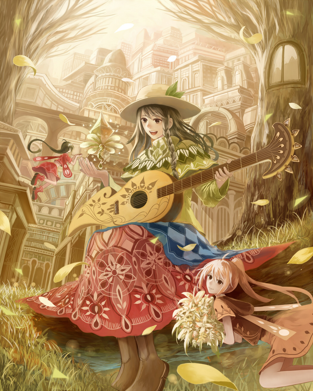 :d ahoge black_eyes blonde_hair boots bouquet braid bridge brown_hair building city cityscape commentary_request dress fairy fairy_wings fantasy floral_print flower flying grass green_dress guitar hat hat_leaf highres holding holding_bouquet holding_instrument instrument leaf long_hair minigirl multiple_girls open_mouth orange_dress original ponytail red_footwear red_shirt red_skirt sakimori_(hououbds) shirt sitting skirt smile tree treehouse very_long_hair window wings