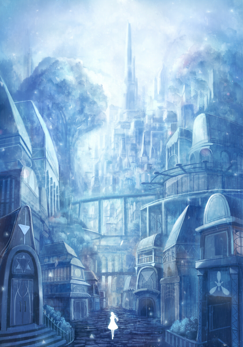blue city cityscape commentary_request dress highres long_hair original road sakimori_(hououbds) scenery sky solo tower tree