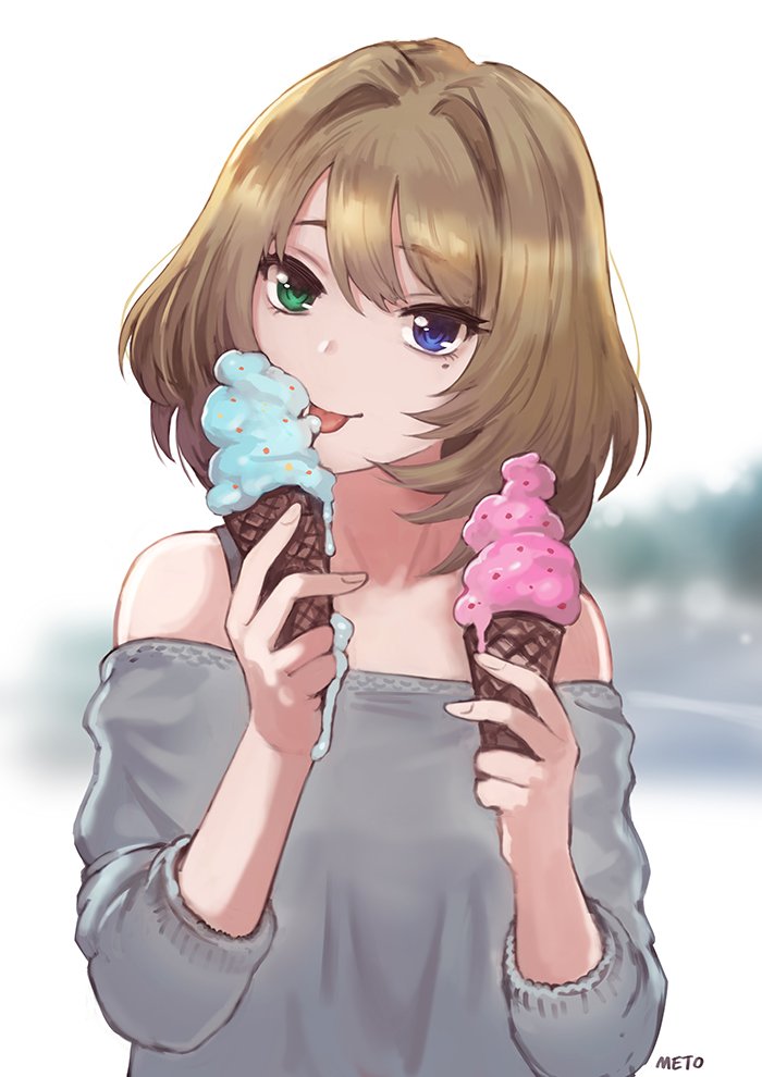 artist_name bare_shoulders blue_eyes brown_hair commentary_request food green_eyes heterochromia ice_cream ice_cream_cone idolmaster idolmaster_cinderella_girls licking looking_at_viewer meto31 mole mole_under_eye off-shoulder_sweater short_hair simple_background sleeves_pushed_up solo sweater takagaki_kaede upper_body