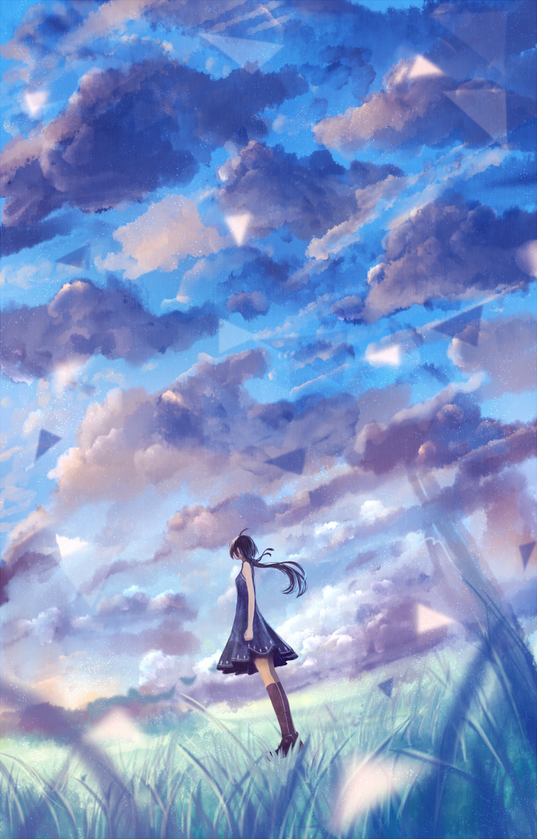 ahoge bare_arms bare_shoulders black_hair blue blue_dress blue_sky clenched_hand cloud cloudy_sky commentary_request dress grass highres kneehighs long_hair original ponytail sakimori_(hououbds) scenery sky solo
