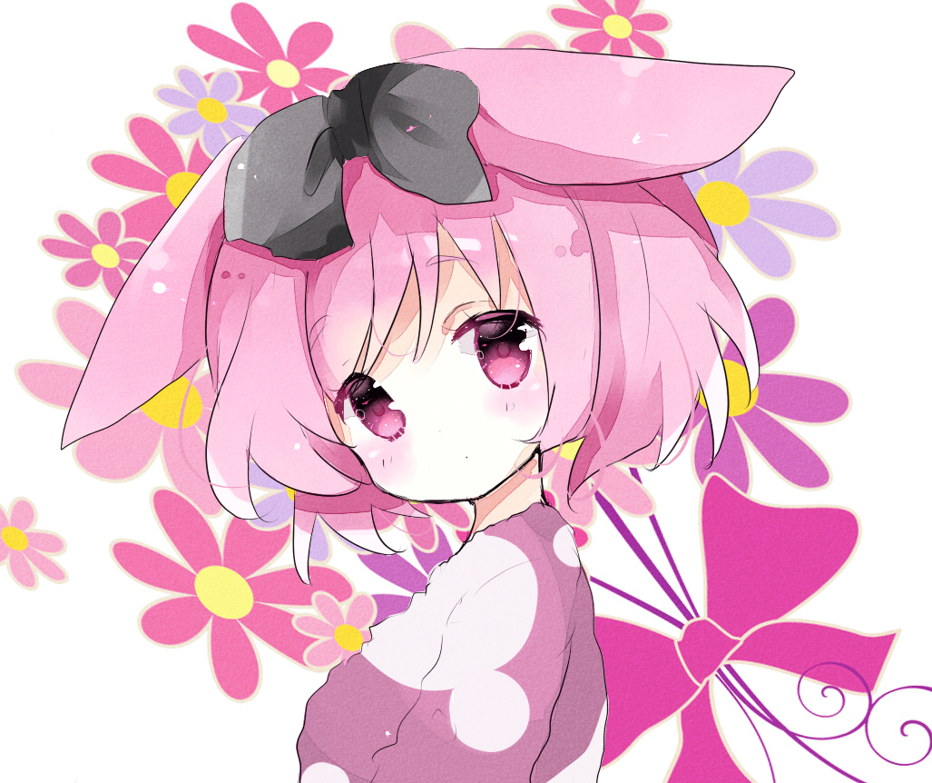 animal_ears bad_id bad_pixiv_id black_bow blush bow bunny_ears commentary eyebrows_visible_through_hair floral_background from_side hair_bow head_tilt looking_at_viewer looking_to_the_side original pink_eyes pink_hair pink_sweater short_hair solo sweater tareme tsukiyo_(skymint) upper_body