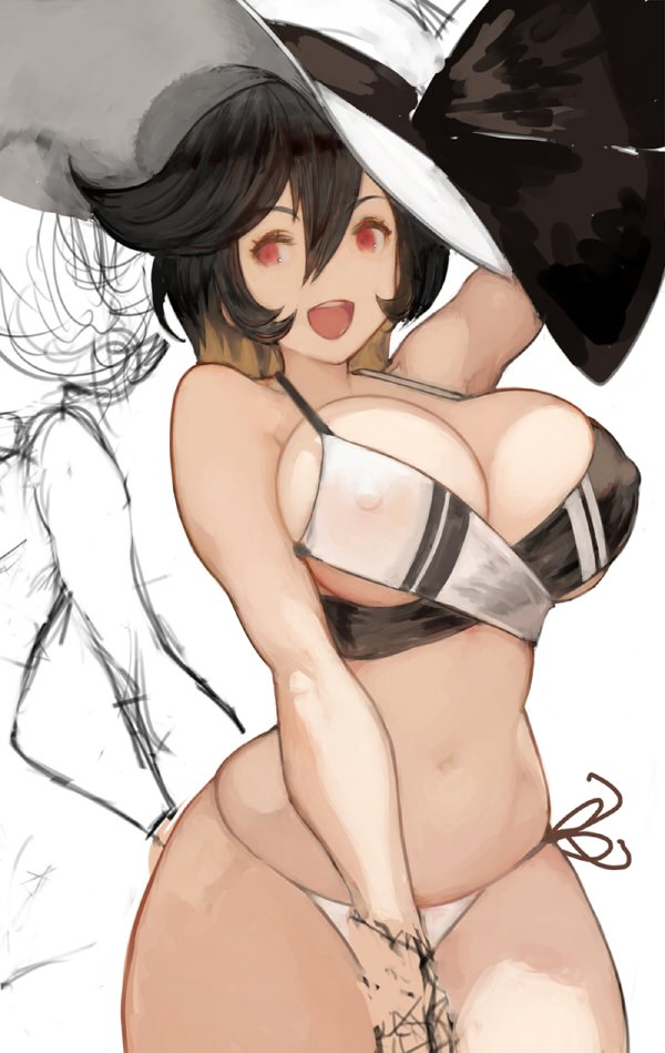 bare_shoulders bikini black_hair breasts filia_(skullgirls) hat large_breasts mismatched_bikini multicolored_hair navel nipples npa_(sirokurokuma) open_mouth red_eyes side-tie_bikini skullgirls solo swimsuit two-tone_hair unfinished white_background