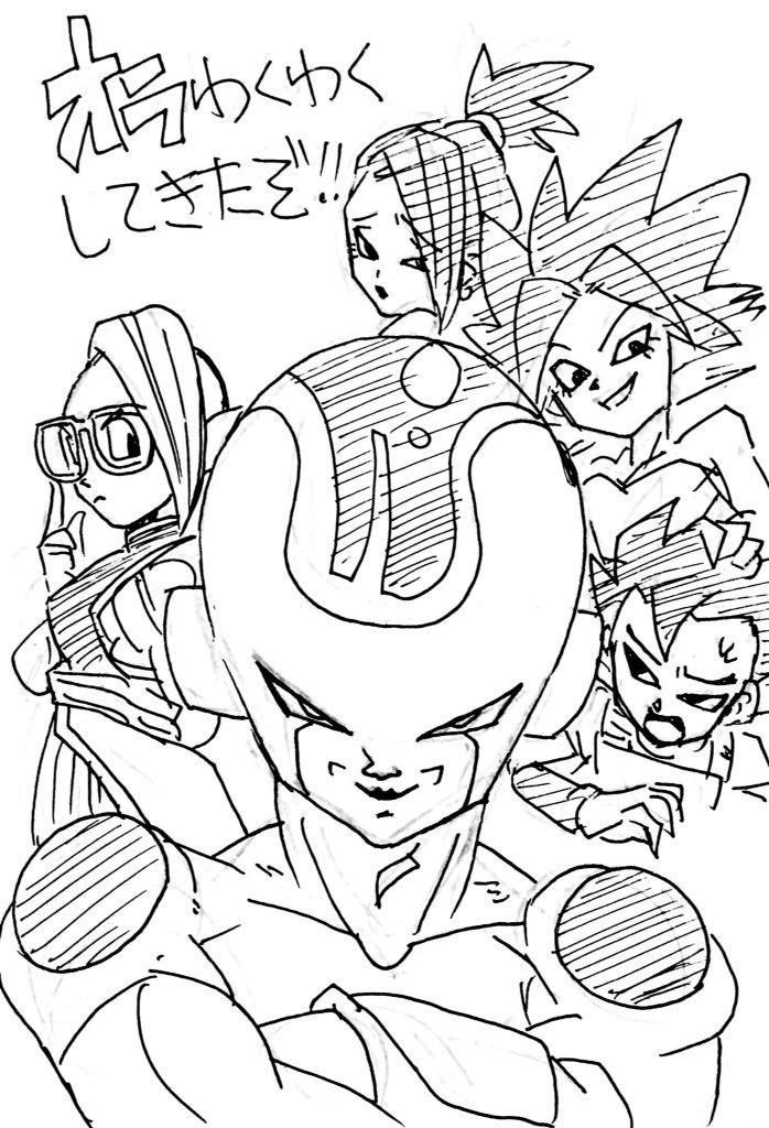 2girls 3boys alien artist_request blush cabba caulifla character_request dragon_ball dragon_ball_super frost_(dragon_ball) glasses kale_(dragon_ball) looking_at_viewer monochrome multiple_boys multiple_girls muscle ponytail smile