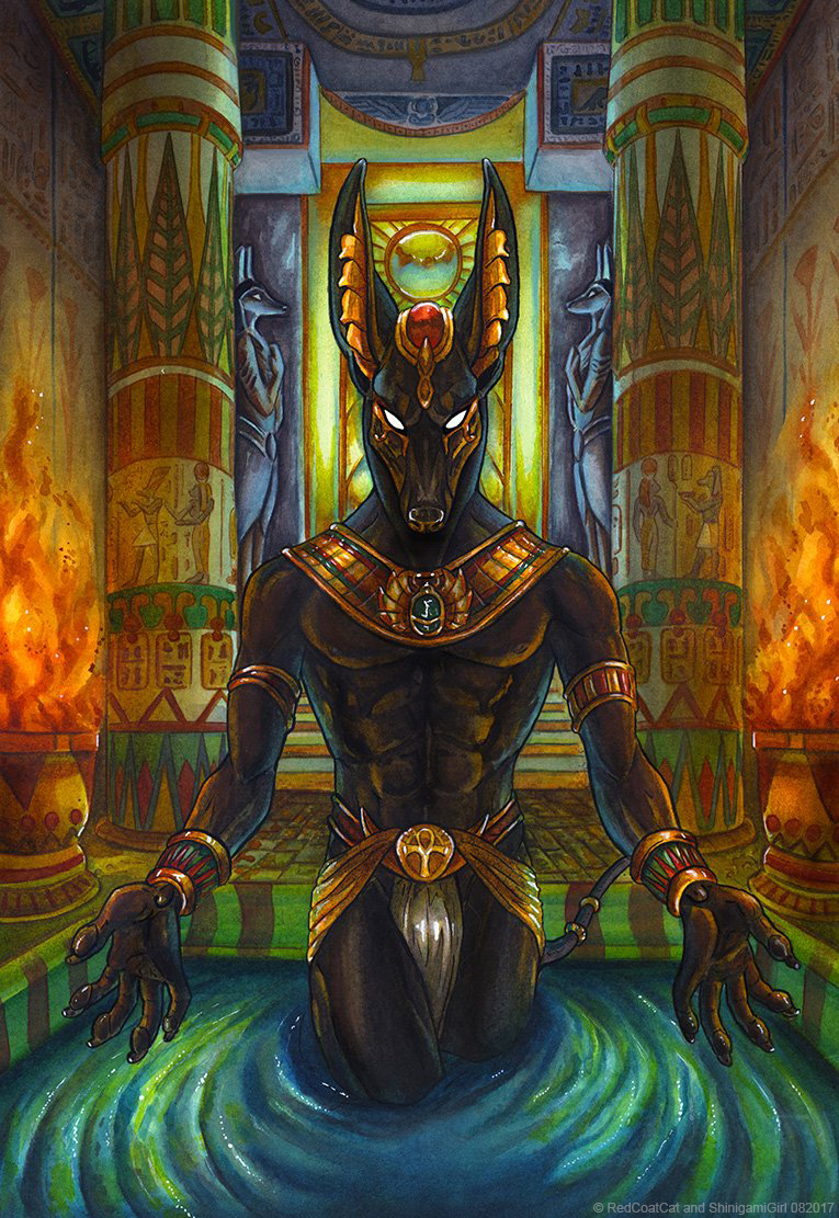2017 abs ancient_egyptian anthro anubis deity egyptian male pose redcoatcat ritual shinigamigirl solo temple water white_eyes