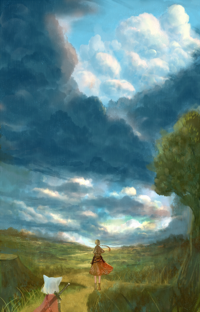 animal_ears blue_sky boots cape cat_ears cloud cloudy_sky commentary_request day dress fantasy grass horizon long_hair multiple_girls original ponytail red_cape road sakimori_(hououbds) scenery short_hair skirt sky standing sword tree tree_stump weapon weapon_on_back white_hair