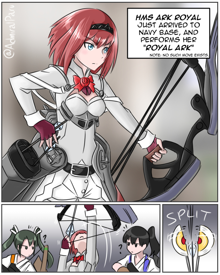 &gt;:( 3koma ? admiral_paru aiming archery ark_royal_(kantai_collection) armor artist_name bangs belt belt_buckle black_hair blue_eyes blurry blurry_background blush bob_cut bow bow_(weapon) bowtie buckle closed_mouth comic commentary compound_bow drawing_bow english english_commentary expressionless fingerless_gloves frown gloves gradient gradient_background green_hair hair_ribbon holding holding_bow_(weapon) holding_weapon jacket jitome kaga_(kantai_collection) kantai_collection left-to-right_manga long_hair long_sleeves motion_lines multiple_girls muneate quiver red_bow red_gloves red_hair red_neckwear ribbon short_hair shorts side_ponytail target target_practice tiara twintails twitter_username v-shaped_eyebrows weapon white_shorts zuikaku_(kantai_collection)