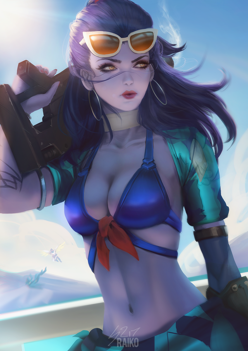 alternate_costume arm_at_side arm_tattoo armlet bikini blue_bikini_top blue_sky breasts choker cleavage closed_mouth collarbone cote_d'azur_widowmaker day earrings eyelashes eyeshadow eyewear_on_head front-tie_bikini front-tie_top groin gun hair_ornament hair_pulled_back hair_tie hand_up highres holding holding_gun holding_weapon hoop_earrings jewelry light_rays long_hair looking_at_viewer makeup mascara medium_breasts mercy_(overwatch) midriff multiple_girls navel nose outdoors over_shoulder overwatch pharah_(overwatch) ponytail purple_hair purple_skin raikoart red_lips revision rifle short_sleeves sky sniper_rifle solo_focus standing steam stomach sun sunglasses sunlight swimsuit tattoo trigger_discipline upper_body vambraces weapon weapon_over_shoulder white_choker widowmaker_(overwatch) yellow_eyes