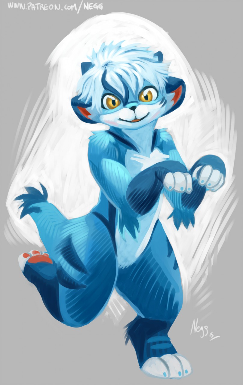 begging blue_fur cat dragon feline fur hybrid looking_at_viewer mammal negger rufen smile standing yellow_eyes