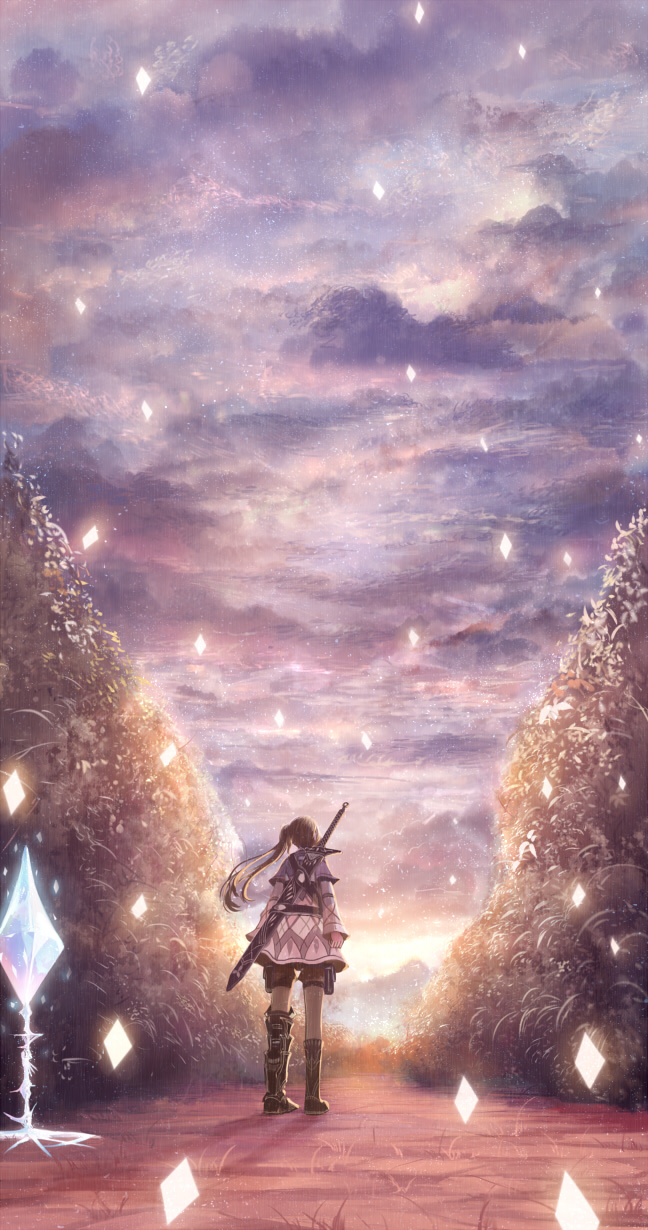 boots brown_hair cloud cloudy_sky commentary_request crystal dress fantasy highres knee_boots long_hair long_sleeves magic original road sakimori_(hououbds) scabbard scenery sheath side_ponytail sky solo sword weapon weapon_on_back
