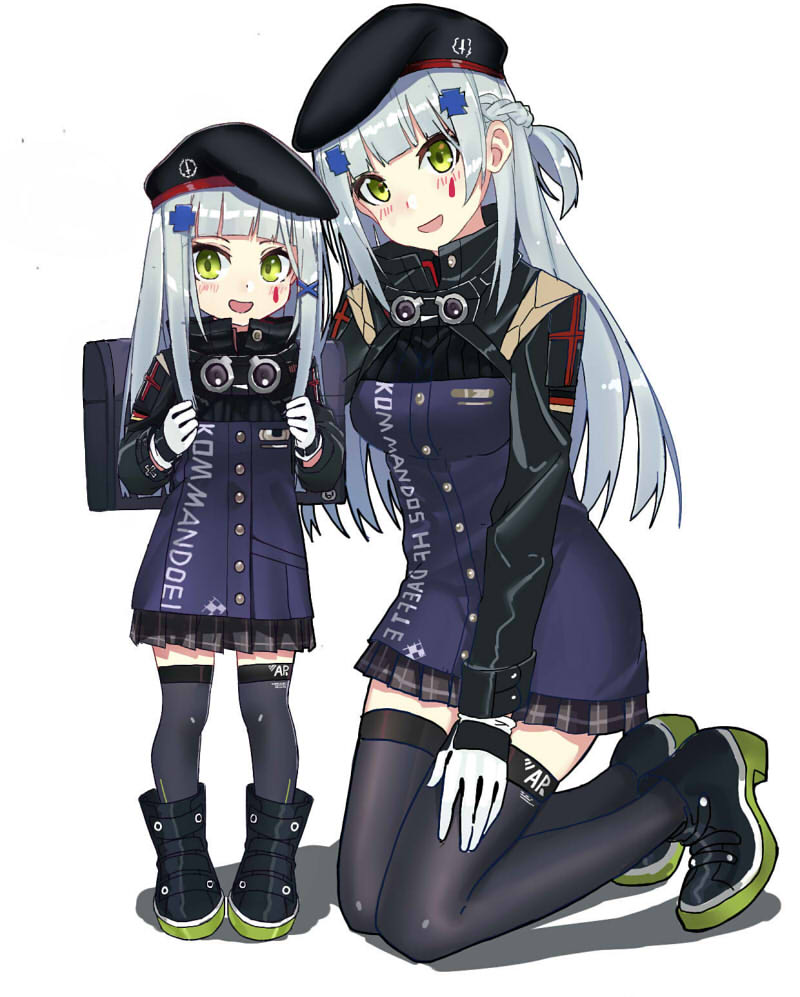 :d ankle_boots backpack bag bangs beret black_hat black_legwear blunt_bangs boots braid buttons collar dual_persona echj flush french_braid girls_frontline gloves green_eyes hand_on_lap hat hk416_(girls_frontline) iron_cross kneeling long_hair looking_at_viewer multiple_girls open_mouth plaid plaid_skirt pleated_skirt randoseru shadow simple_background skirt smile thighhighs uniform white_background white_gloves white_hair younger