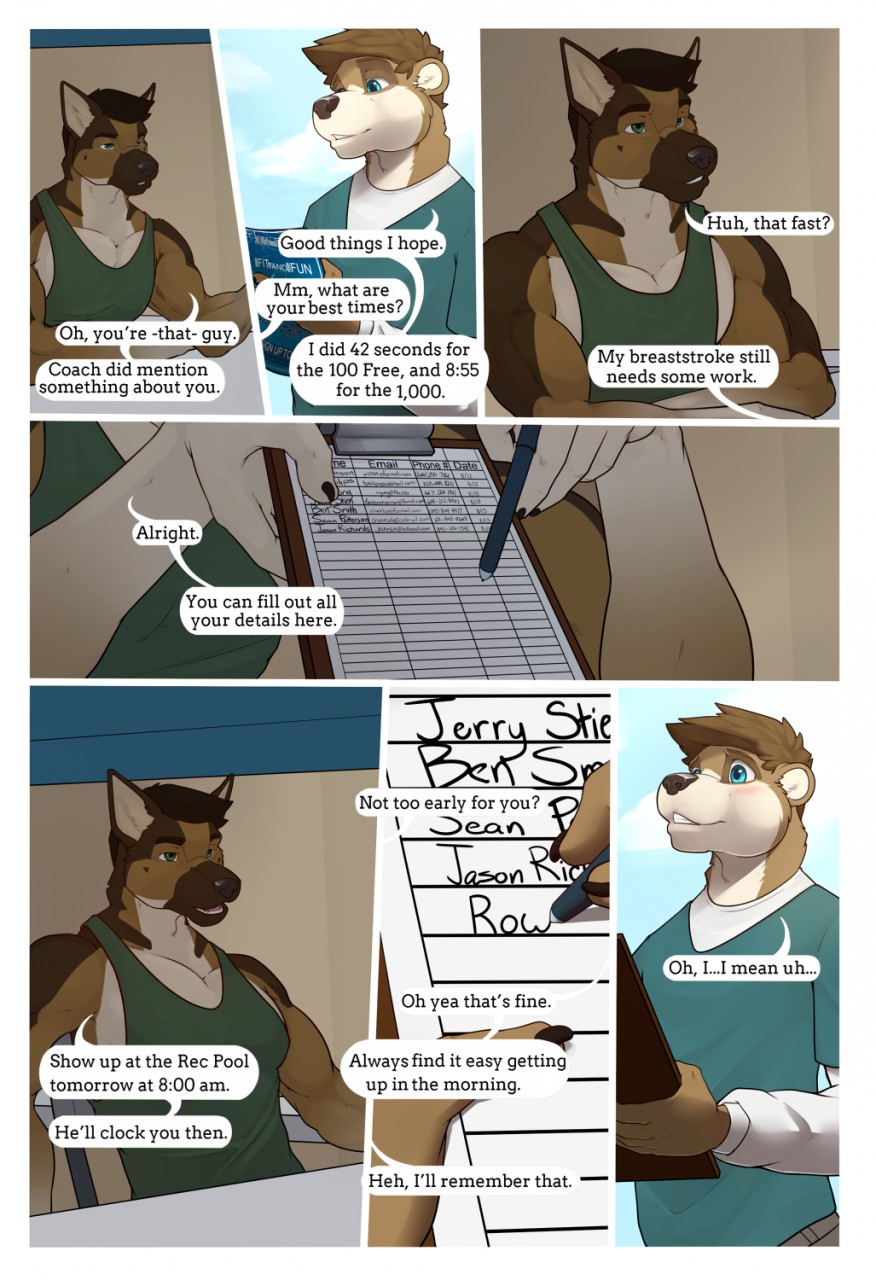 2017 anthro blush canine clipboard clothed clothing college comic dialogue digital_media_(artwork) dog fasttrack37d fully_clothed german_shepherd grin hair hi_res kyle_(fasttrack37d) male mammal mustelid otter outside rowan_(fasttrack37d) school smile text